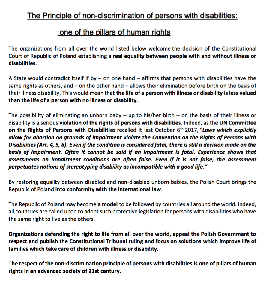 Letter support Poland ban on eugenic abortion